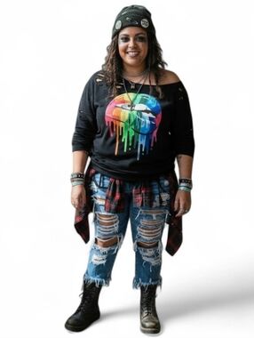 Plus Size 4XL Grundge Rainbow Drip Lips Off The Shoulder Graphic Sweatshirt
